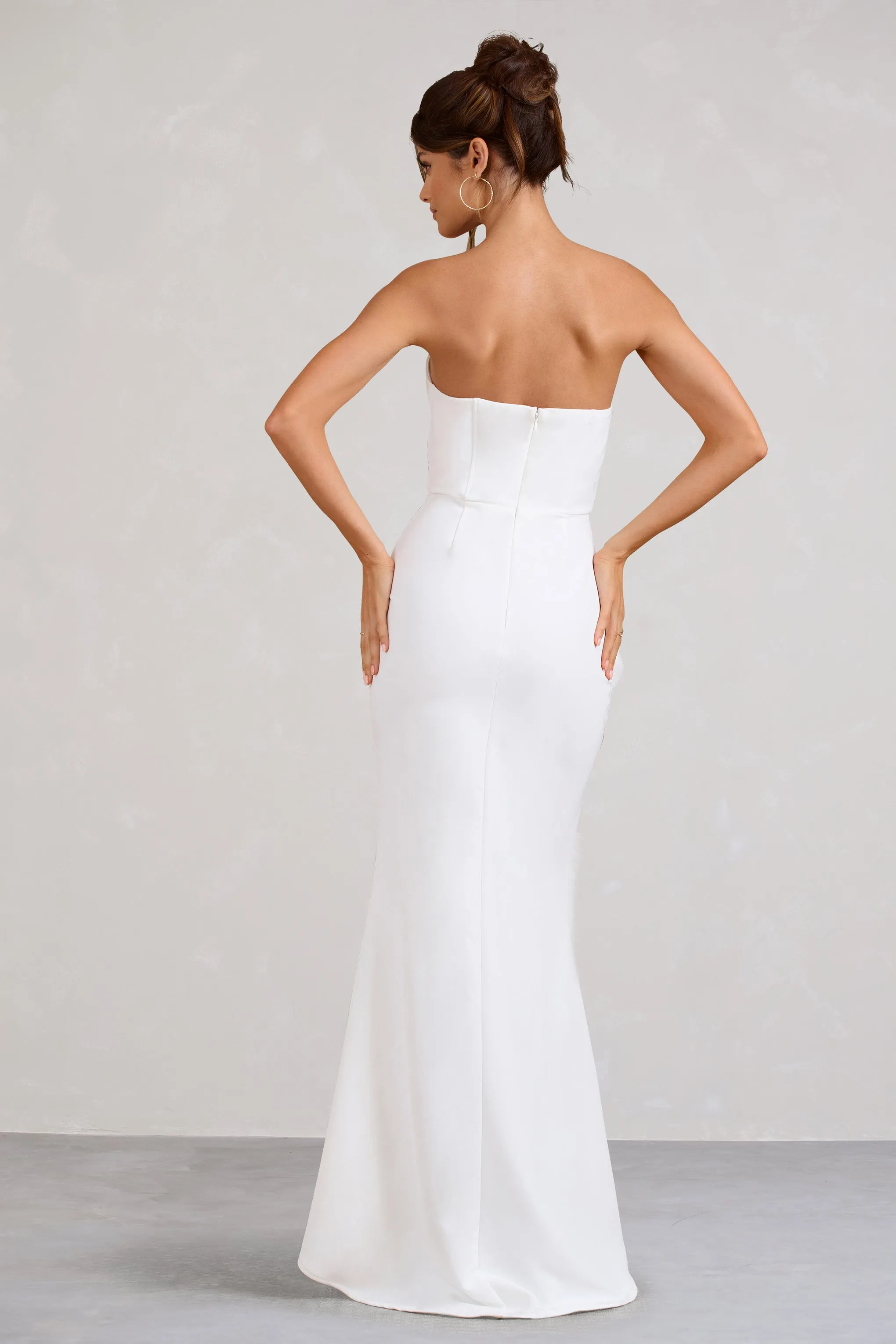 Say Yes | White Corset Maxi Dress With Split Feather Skirt