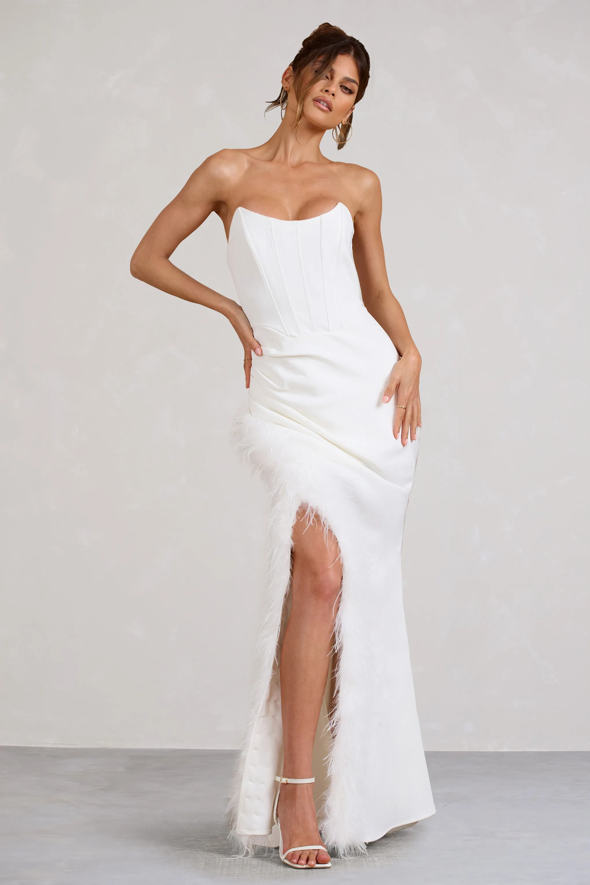 Say Yes | White Corset Maxi Dress With Split Feather Skirt