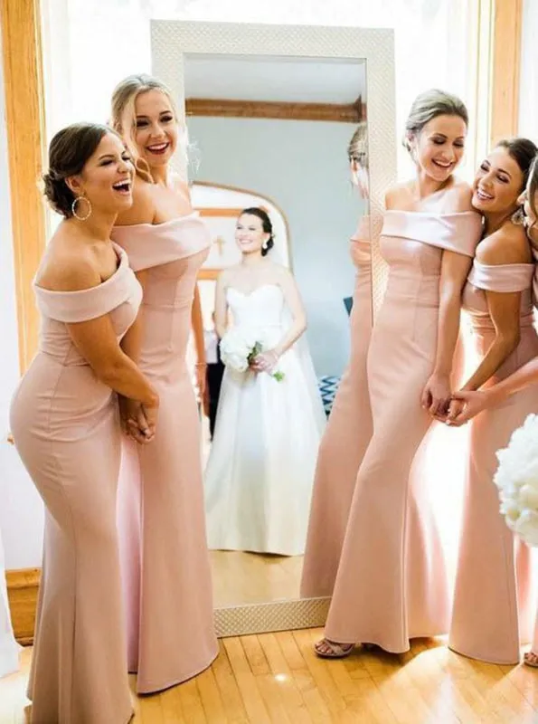 Sheath Floor Length Pink Satin Bridesmaid Dress