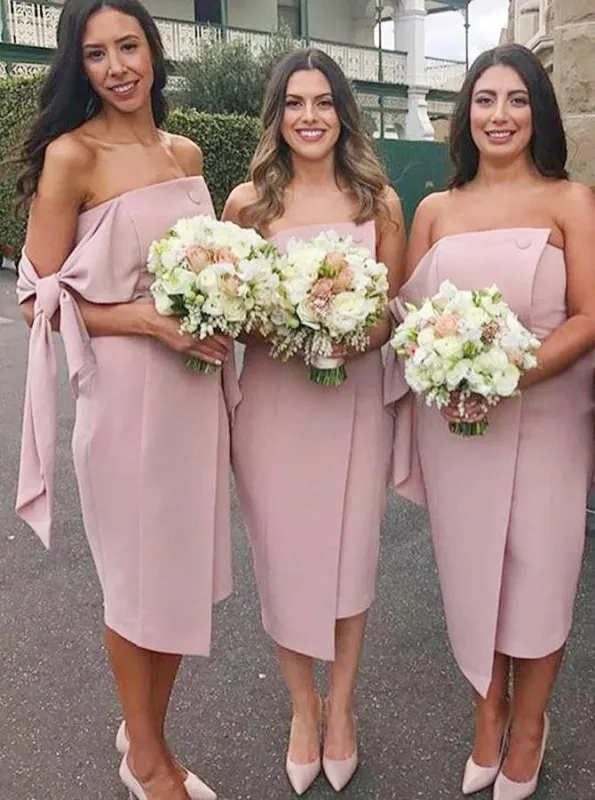 Sheath Strapless Knee Length Blush Satin Bridesmaid Dress