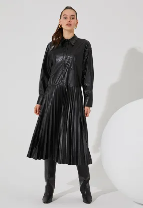 Chic Pleated Skirt Shirt Dress - Stylish Button-Up Dress with Flattering Fit