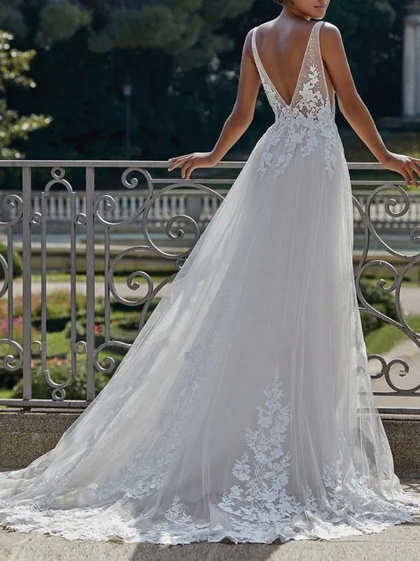 Simple Wedding Dress 2021 A Line V Neck Straps Sleeveless Lace Appliqued Tulle Bridal Gown