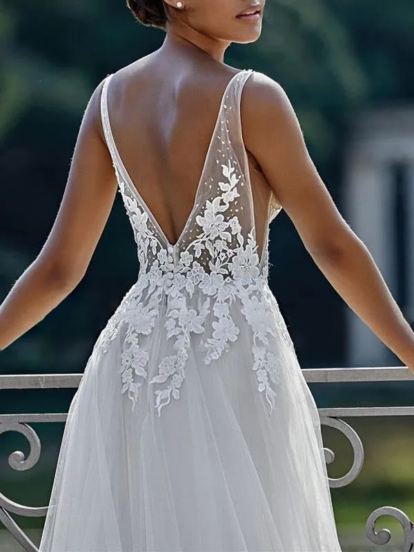 Simple Wedding Dress 2021 A Line V Neck Straps Sleeveless Lace Appliqued Tulle Bridal Gown