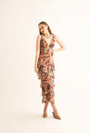 Smudged Floral Maxi Ruffle Dress