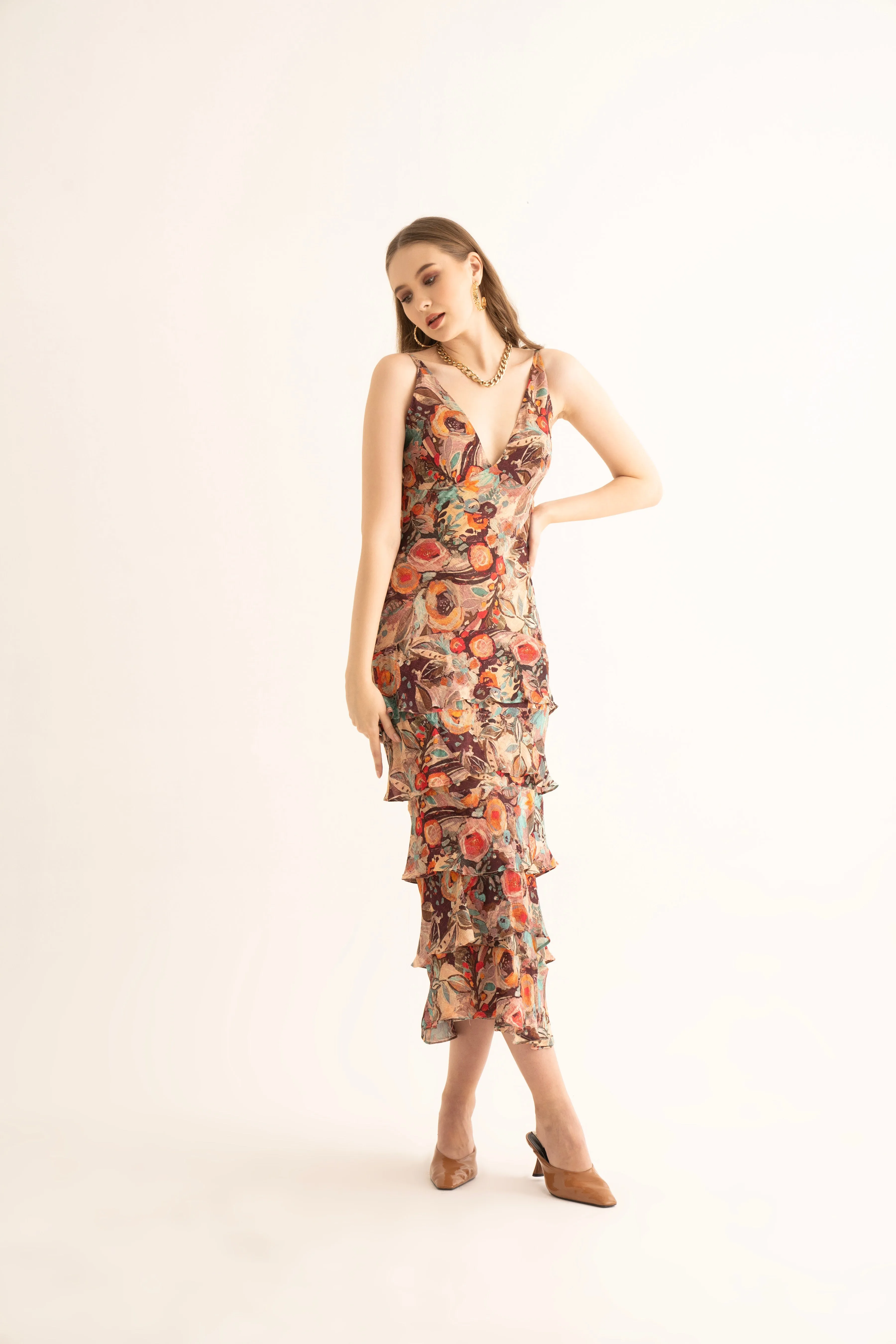 Smudged Floral Maxi Ruffle Dress