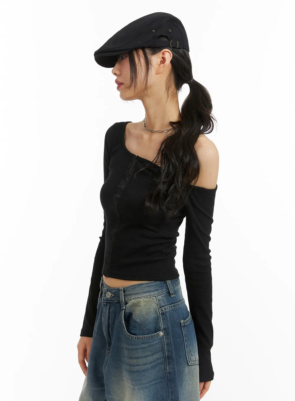 Solid Off-Shoulder Long Sleeve Top CJ415