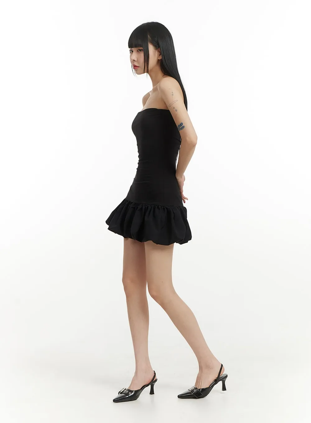 Solid Strapless Ruffled Hem Mini Dress IM406