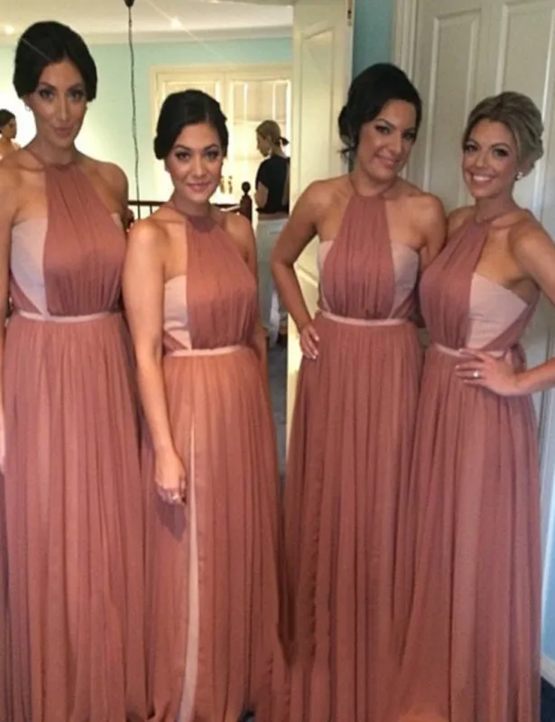 Special Sleeveless Floor Length Ruched Blush Bridesmaid Dress