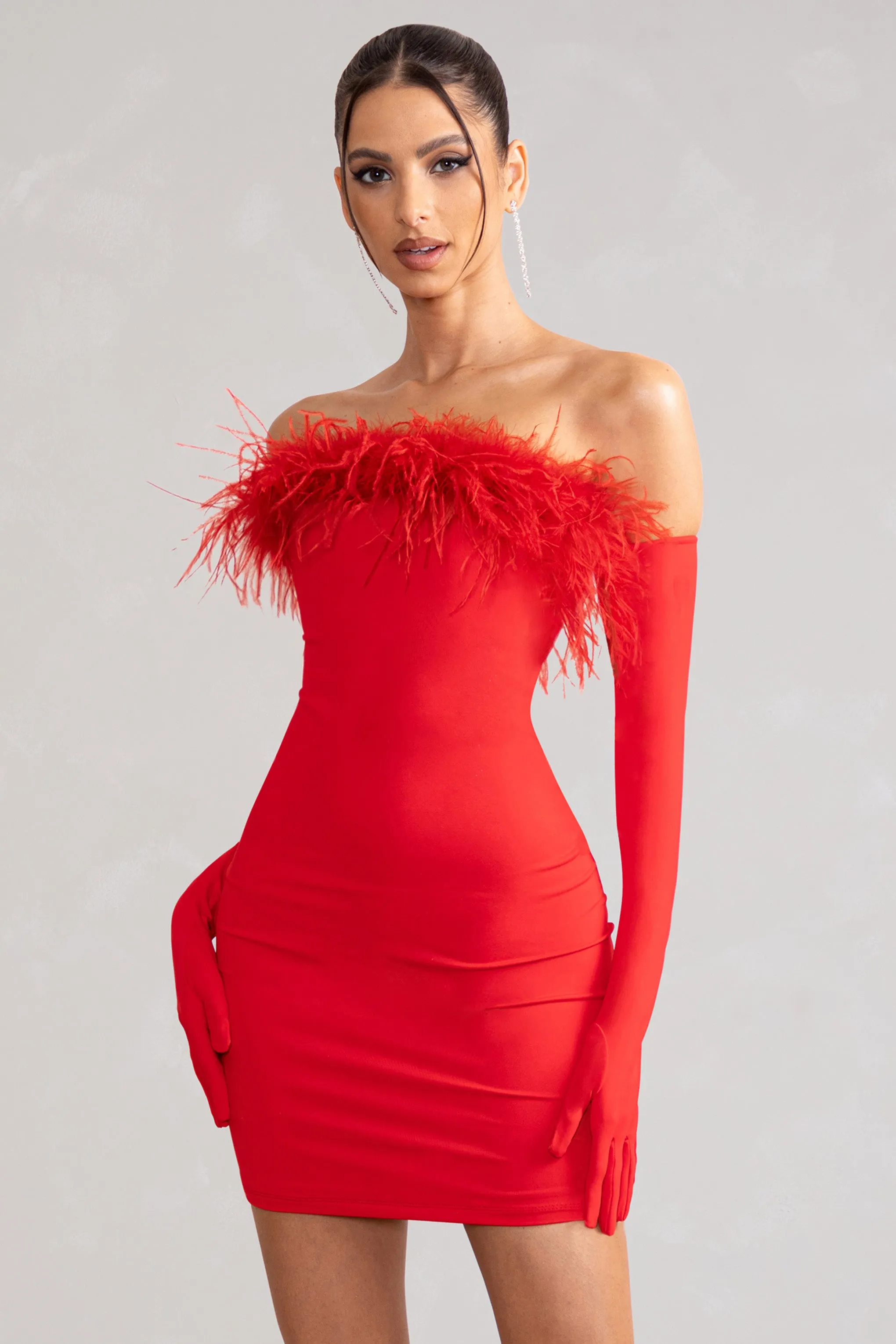 Stop The Show | Red Feather Trim Strapless Bodycon Mini Dress