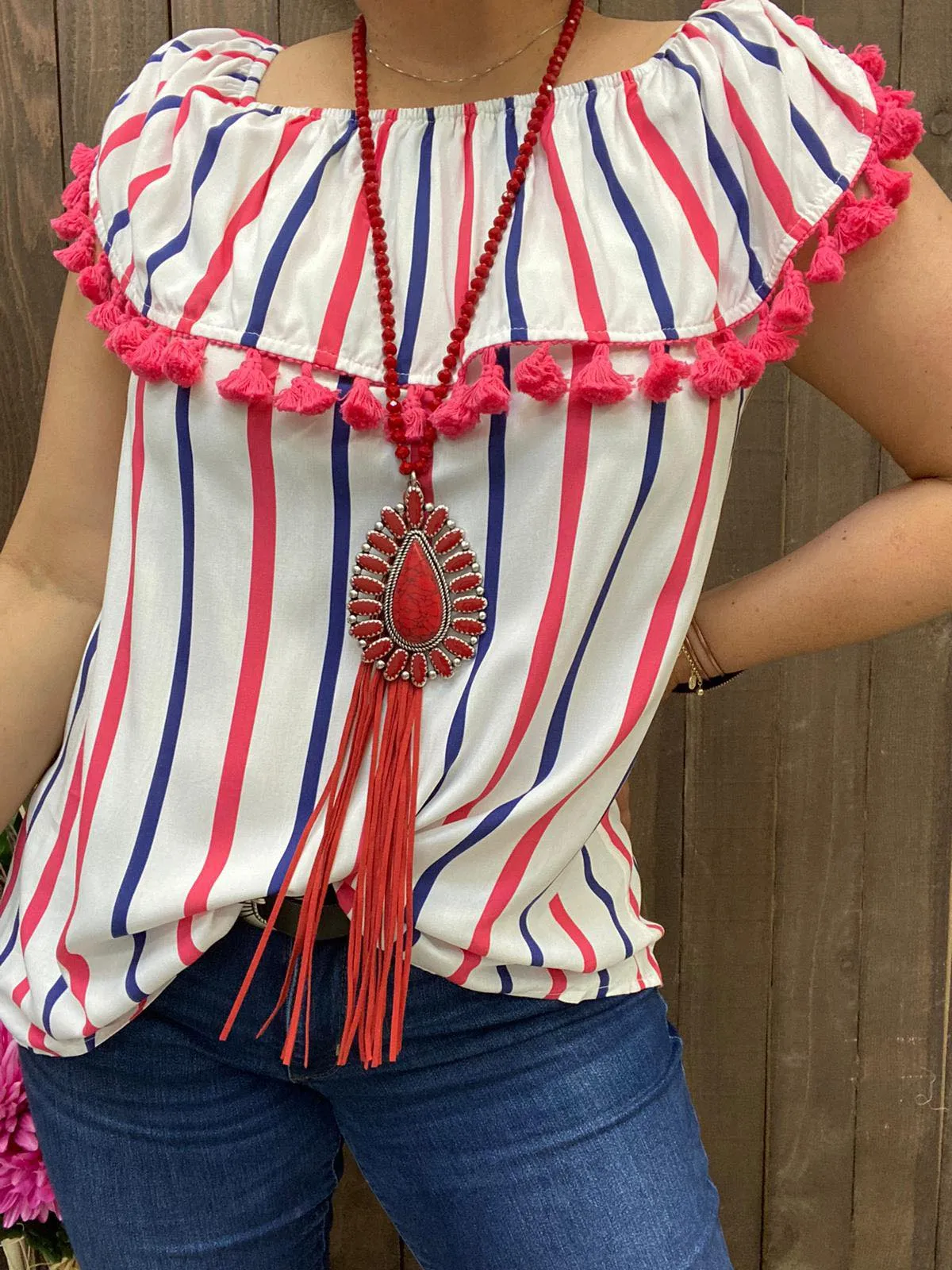 Striped Off-the- shoulder Top with fringe trim tassels