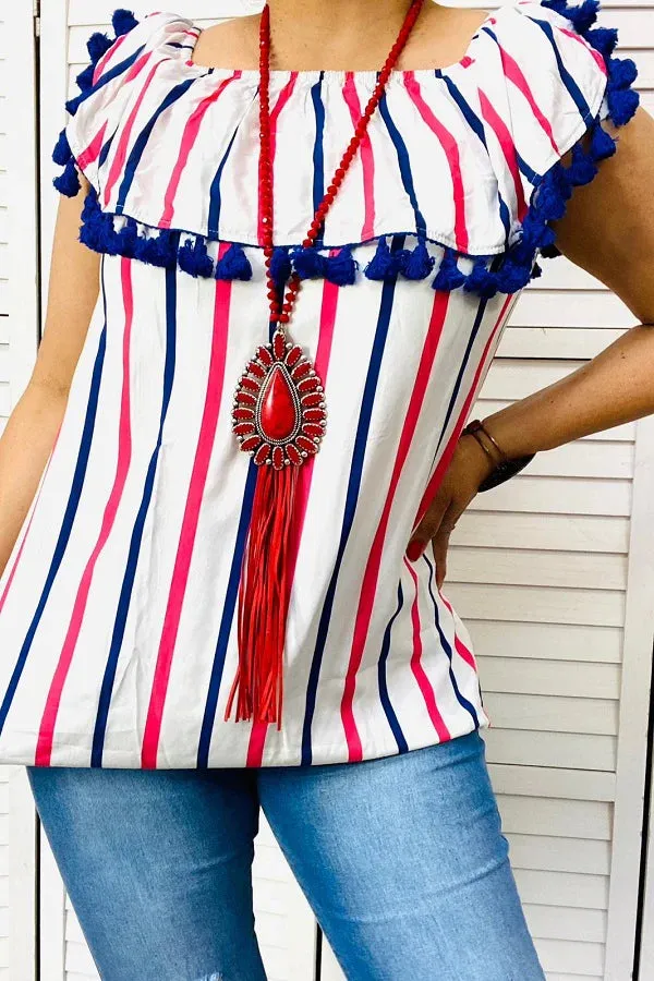 Striped Off-the- shoulder Top with fringe trim tassels