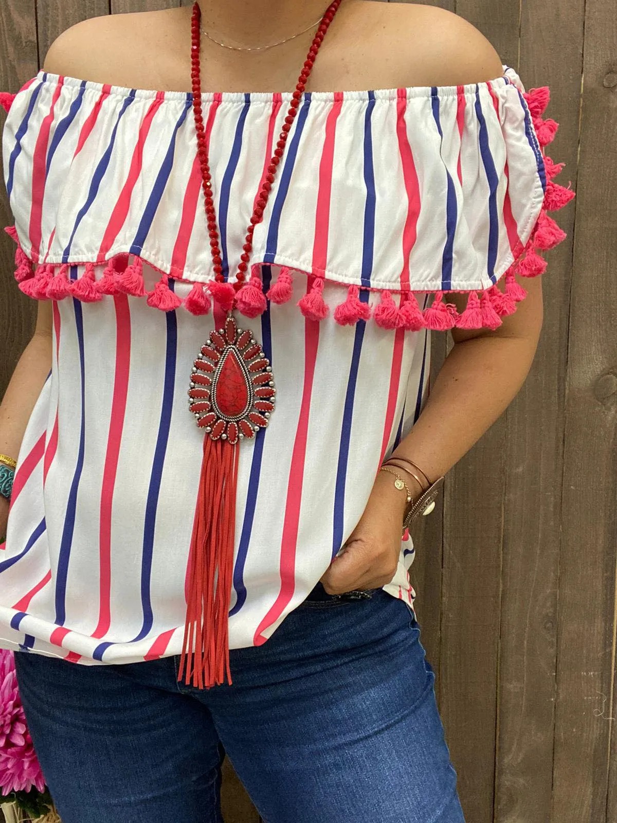 Striped Off-the- shoulder Top with fringe trim tassels