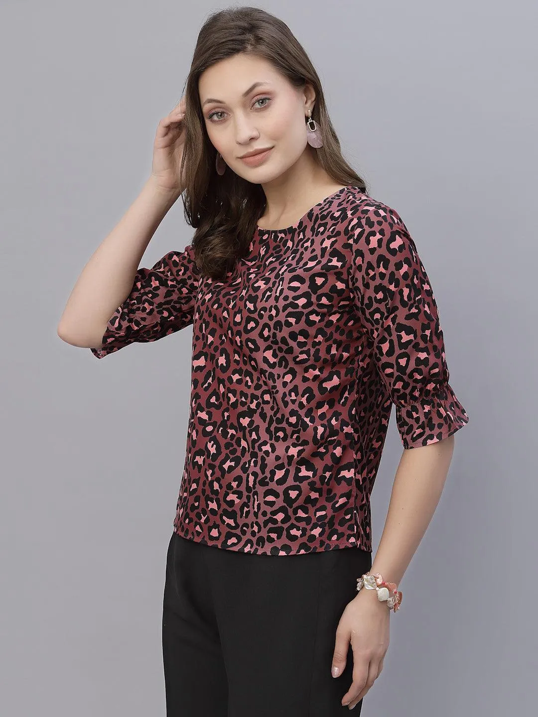 Style Quotient Women Brown and Black Animal Printed Polyester Smart Casual Top