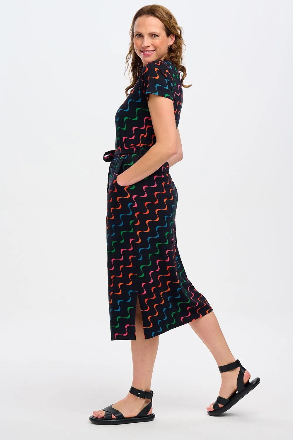 Sugarhill Brighton Black Undulating Waves Flissy Jersey Midi Dress