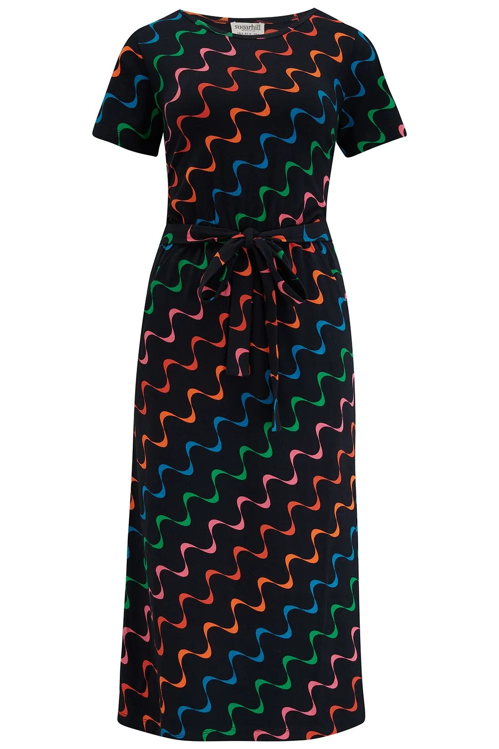 Sugarhill Brighton Black Undulating Waves Flissy Jersey Midi Dress