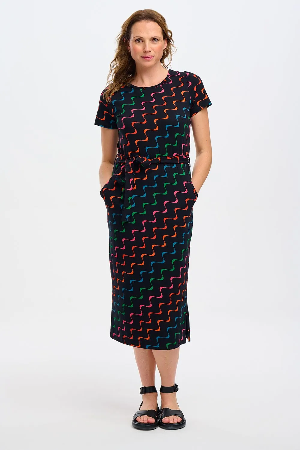 Sugarhill Brighton Black Undulating Waves Flissy Jersey Midi Dress