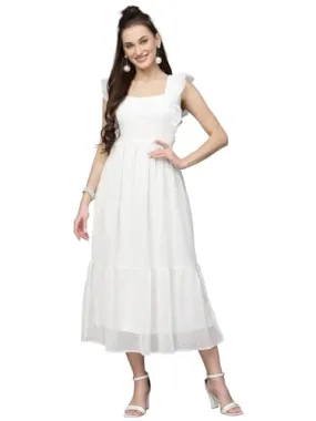 Sugathari Georgette Jacquard Butti White Square Neck Knee Length Western Dresses for Women (Dress2 89 White M)