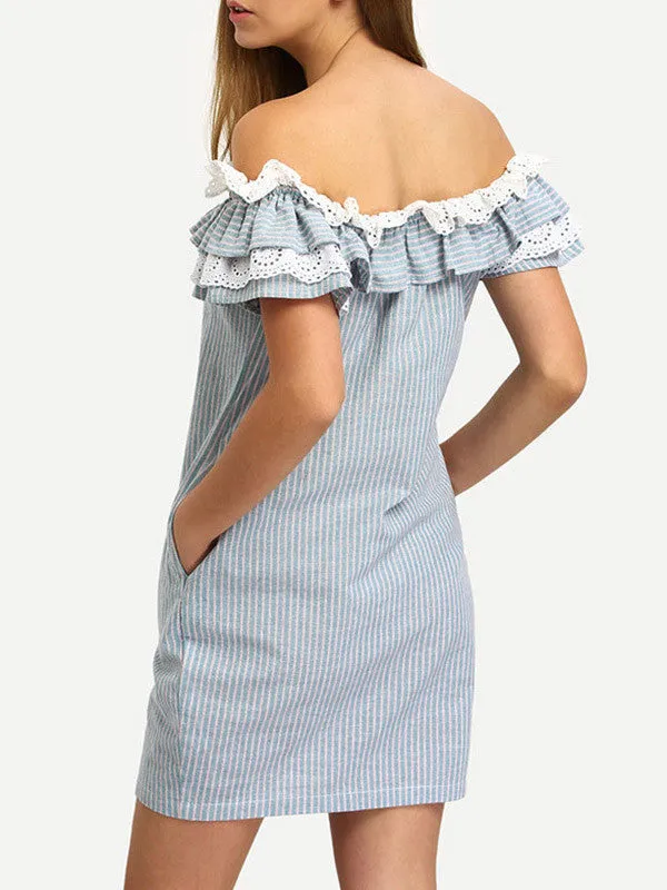 Sweet Off Shoulder Ruffles Striped Mini Dress