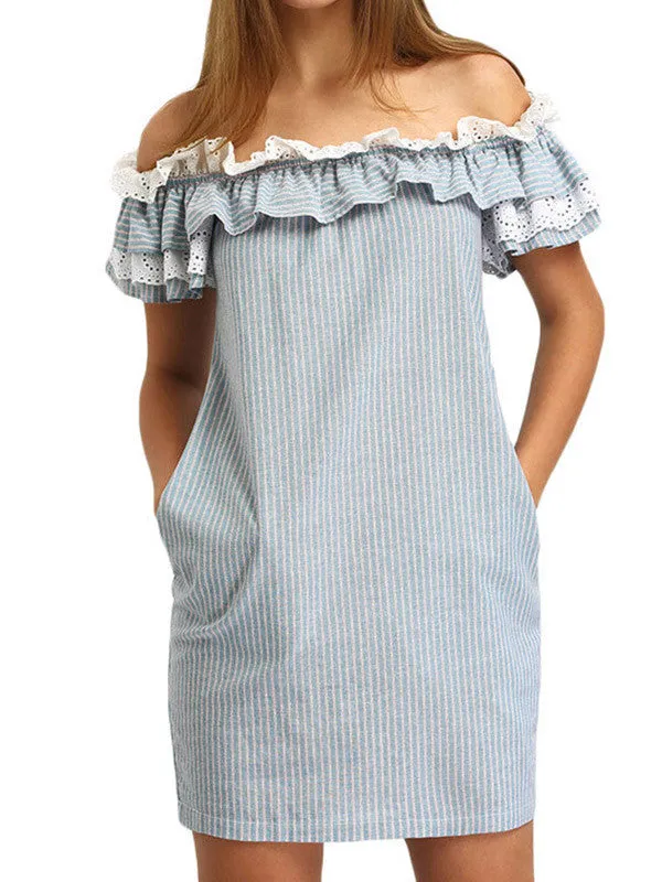 Sweet Off Shoulder Ruffles Striped Mini Dress