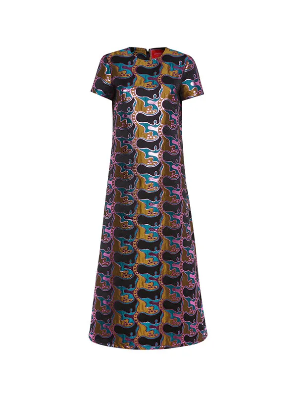 Swing Dress in Jacquard Spritz Blue Petrol