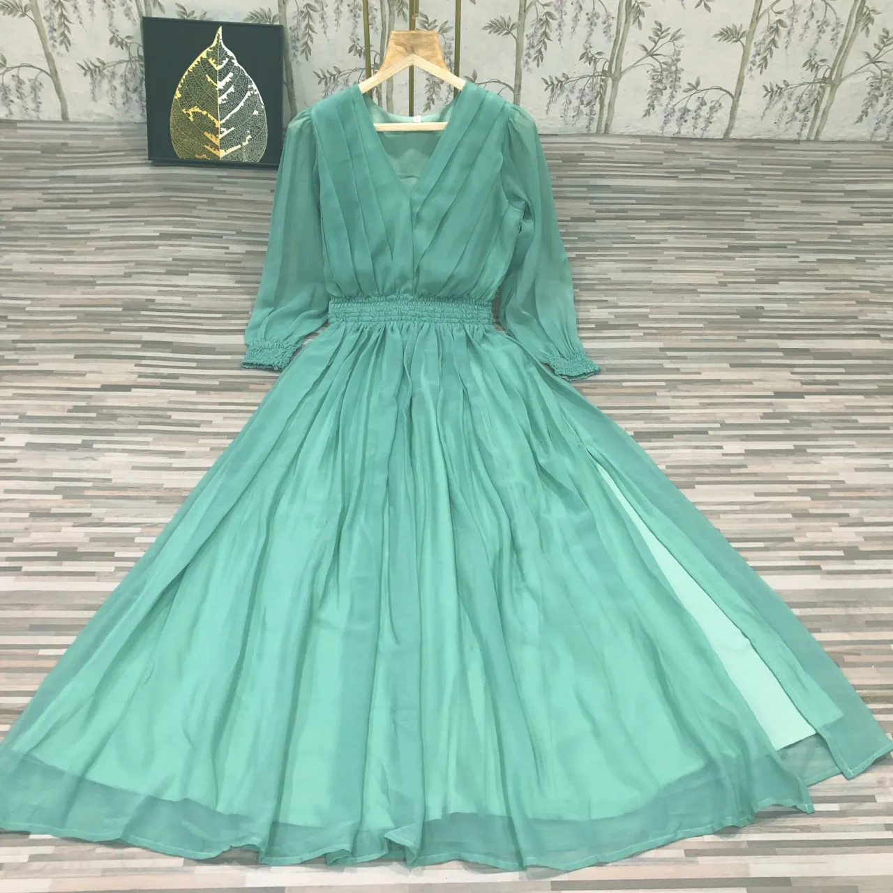 Trendy Pista Green Color Slide Slit Dress