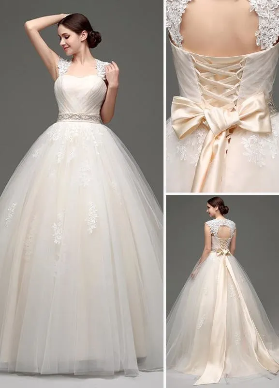 Tulle Cap Sleeves Keyhole Back Princess Wedding Dress With Bow And Rhinestone Sash