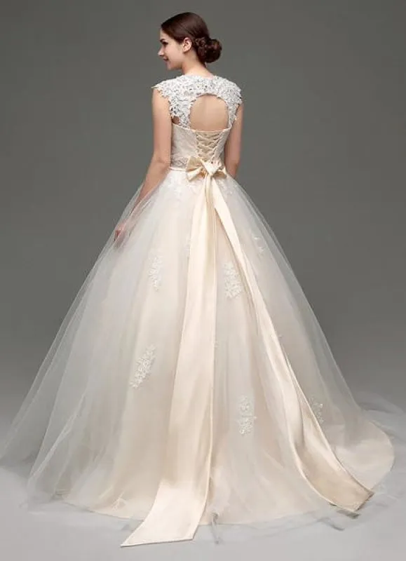 Tulle Cap Sleeves Keyhole Back Princess Wedding Dress With Bow And Rhinestone Sash