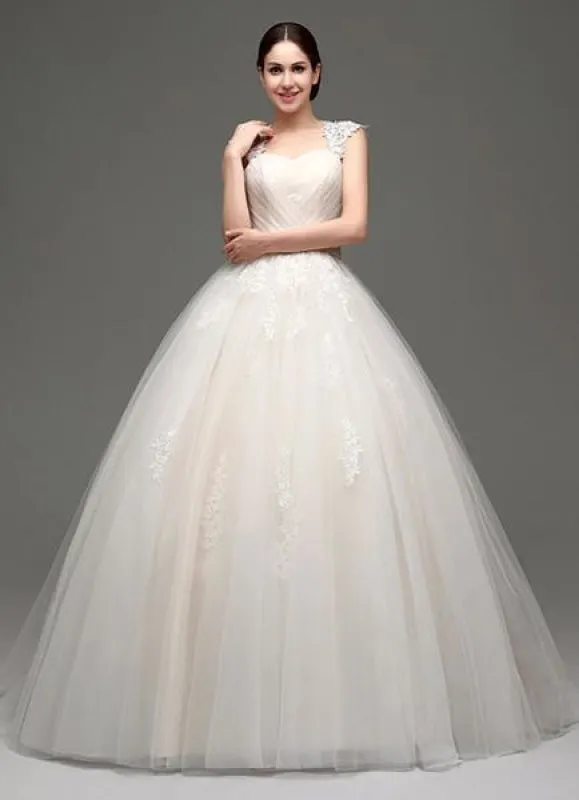 Tulle Cap Sleeves Keyhole Back Princess Wedding Dress With Bow And Rhinestone Sash