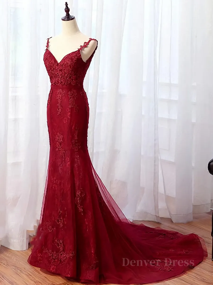 V Neck Burgundy Mermaid Lace Prom Dresses, Wine Red Mermaid Lace Formal Bridesmaid Dresses