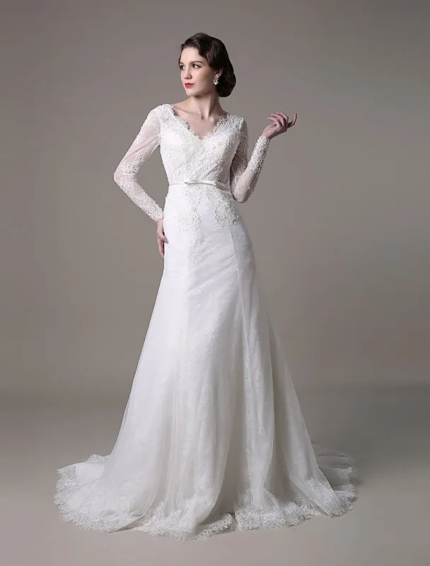 Vintage Lace Wedding Dress A-Line With Long Sleeves Pearls Applique And Chapel Train