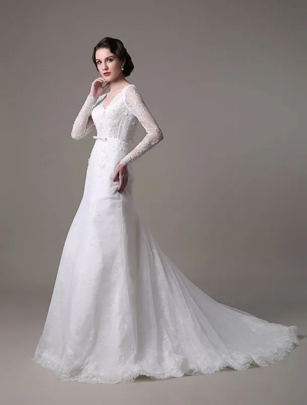 Vintage Lace Wedding Dress A-Line With Long Sleeves Pearls Applique And Chapel Train