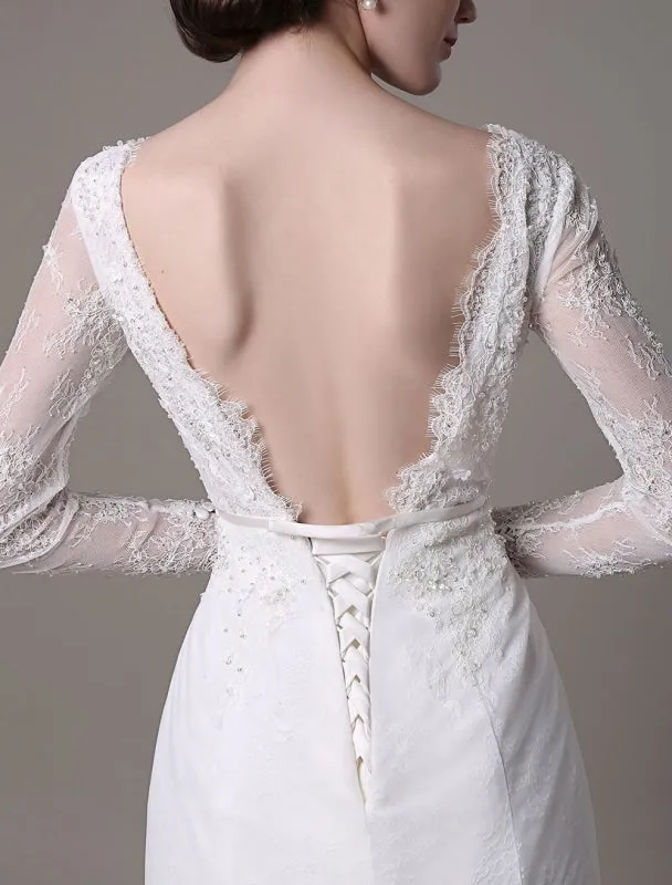 Vintage Lace Wedding Dress A-Line With Long Sleeves Pearls Applique And Chapel Train