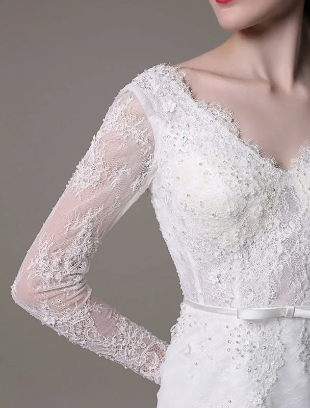 Vintage Lace Wedding Dress A-Line With Long Sleeves Pearls Applique And Chapel Train