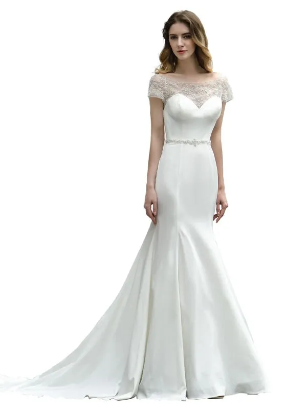 Wedding Dress Short Sleeves Illusion Neck Beaded Mermaid Bridal Gowns