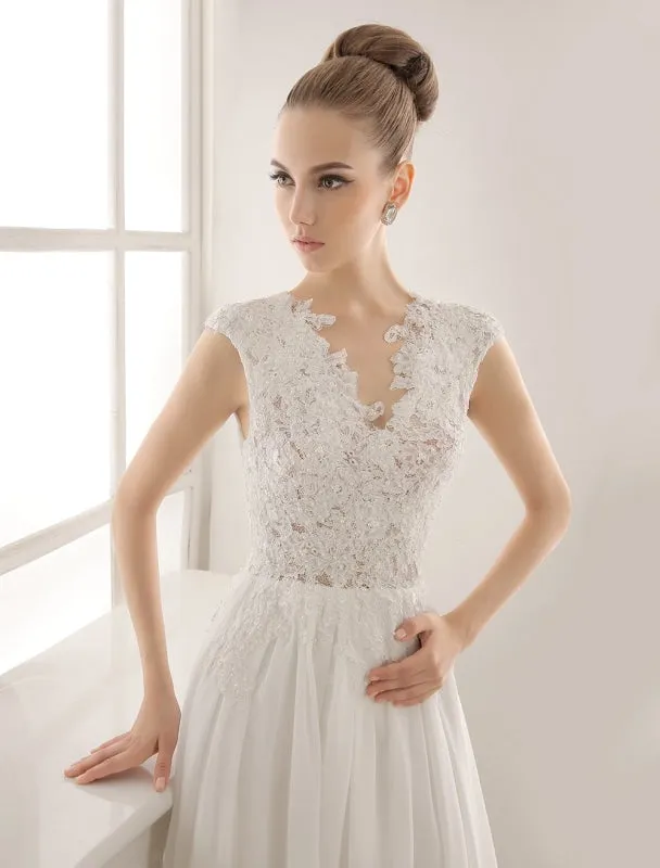 Wedding Dresses Chiffon V Neck Beach Bridal Dress Pearls Beaded Lace Ivory Bridal Gown