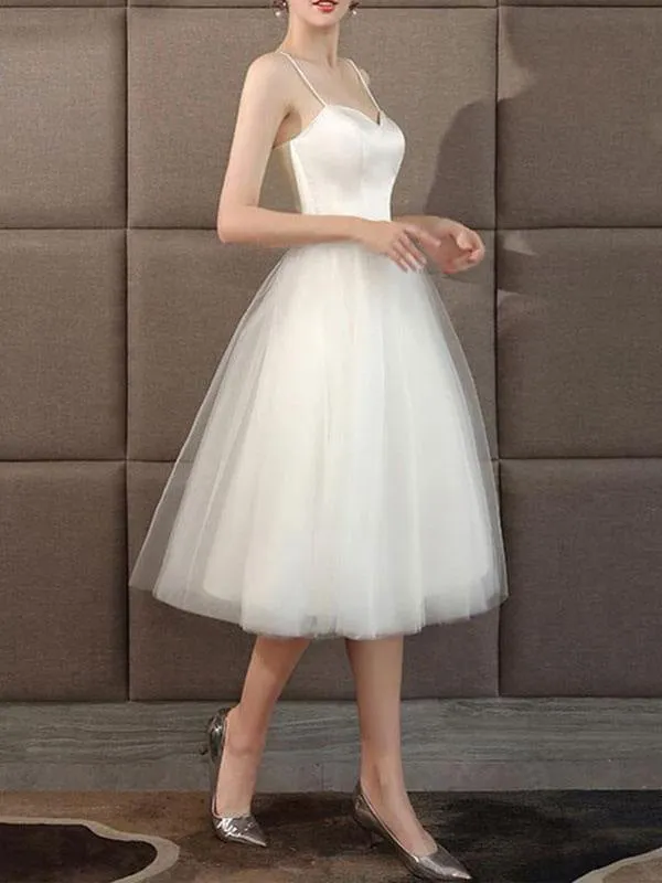 Wedding Dresses Sweetheart Neck Sleeveless A Line Tea Length Short Bridal Dress