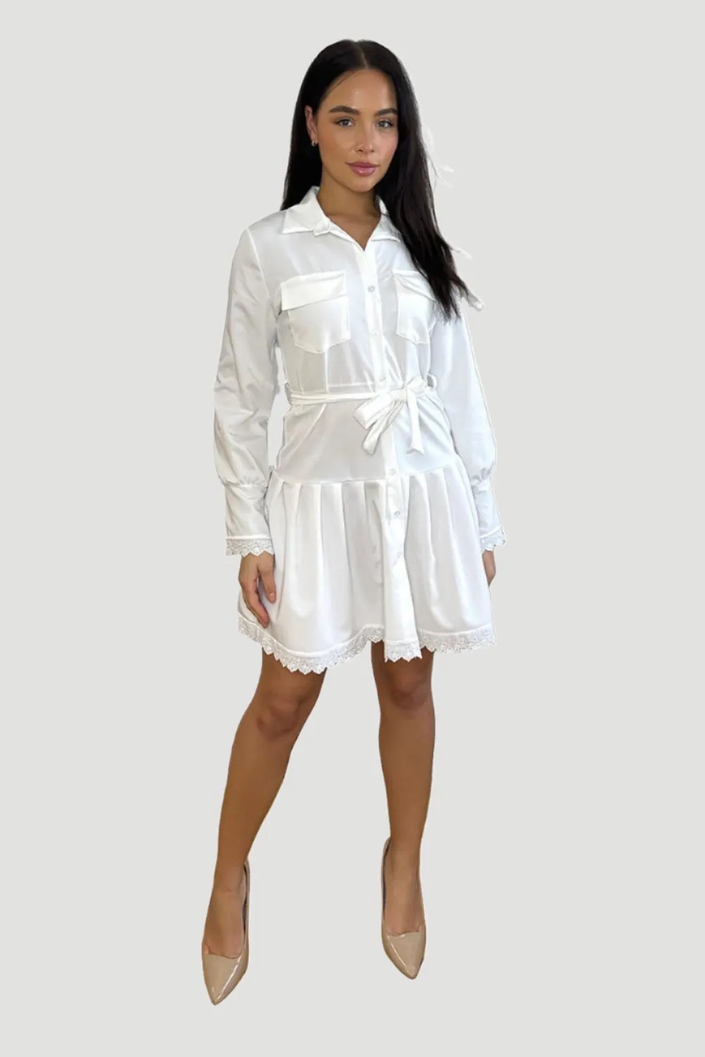 White Lace Trim Tiered Shirt Dress