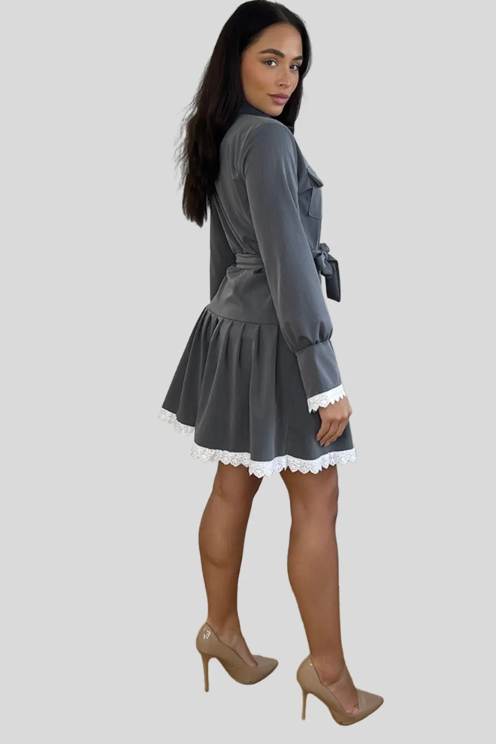 White Lace Trim Tiered Shirt Dress