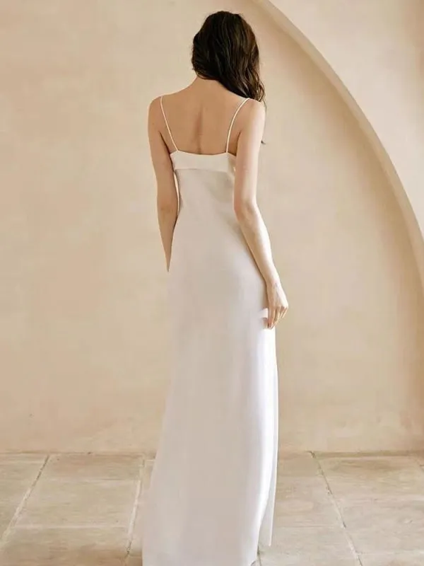 White Simple Wedding Dress Polyester Designed Neckline Spaghetti Straps Bows Polyester Sheath Floor-Length Bridal Dresses