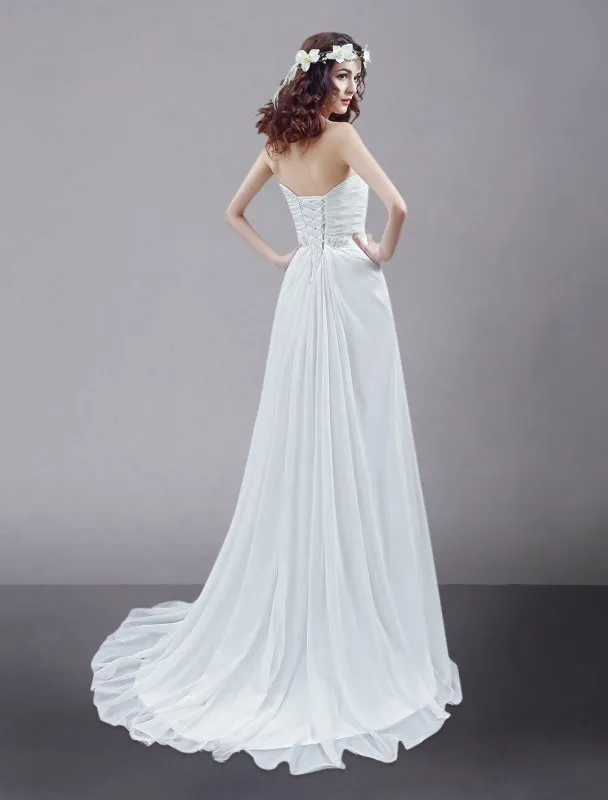 White Wedding Dress Strapless Twisted Split Rhinestone Chiffon Wedding Gown